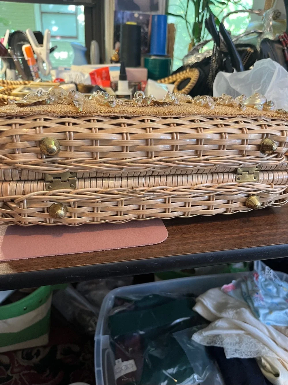 vintage Seashell-Embellished Wicker Box Purse.